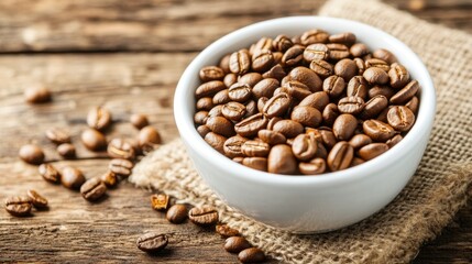 Fototapeta premium A bowl of roasted coffee beans on a burlap cloth, perfect for brewing.