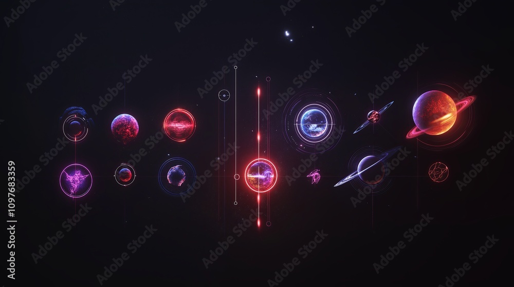 Aufkleber Planets of the solar system aligned on a dark background with subtle light gradients