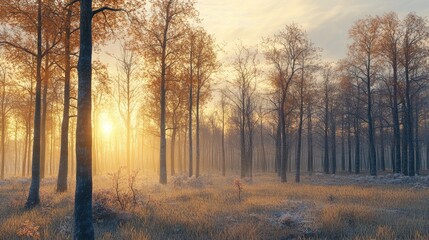 Golden autumn sunrise illuminating a tranquil forest with misty trees and frosty grass.
