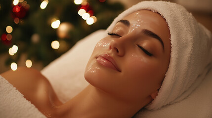 Relaxing holiday facial treatment with glowing skin and festive ambiance