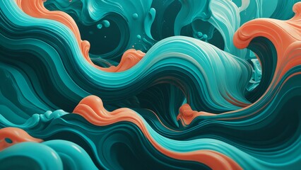 A painting of a wave with blue and orange colors. The painting has a dreamy and calming mood
