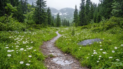 Obraz premium Misty Mountain Trail Wildflowers Hiking Path Nature Scene Spring Meadow