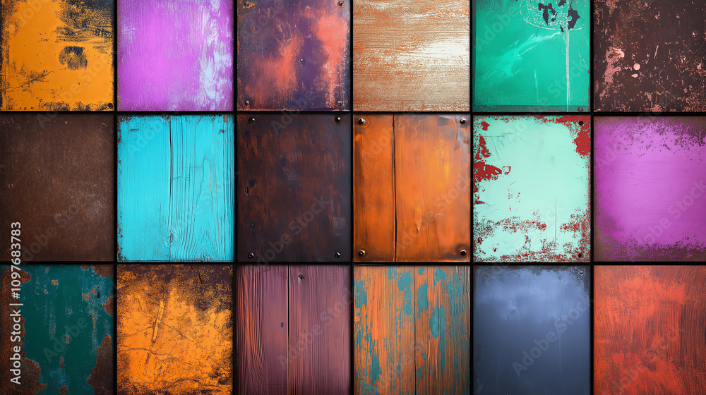 Aufkleber rustic weathered metal with patches of green and orange oxidation.