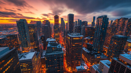 Fototapeta premium A rooftop perspective of a city glowing with lights as the sun sets, highlighting skyscrapers and urban structures 