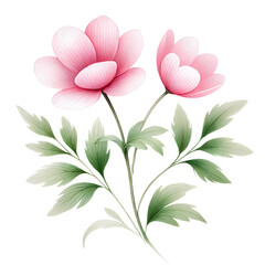 Two delicate pink flowers with detailed petals and green leaves, elegantly illustrated.