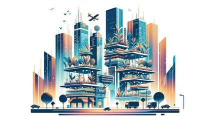 Futuristic urban skyline with innovative vertical farming in modern cityscape, showcasing futuristic architecture and environmental sustainability in urban centers