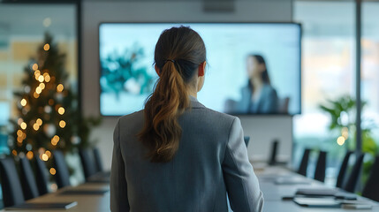 A corporate meeting with a female presenter in front of a room featuring subtle holiday decor 