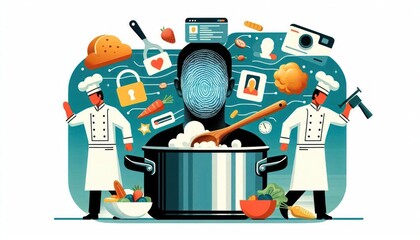 Innovative culinary concept with chefs, a fingerprint, and modern technology depicted through vibrant illustrations. The image creatively blends cooking with digital security and connectivity