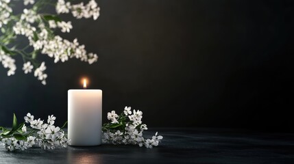 A serene white candle surrounded by delicate white flowers, creating a calming ambiance in a dark setting.