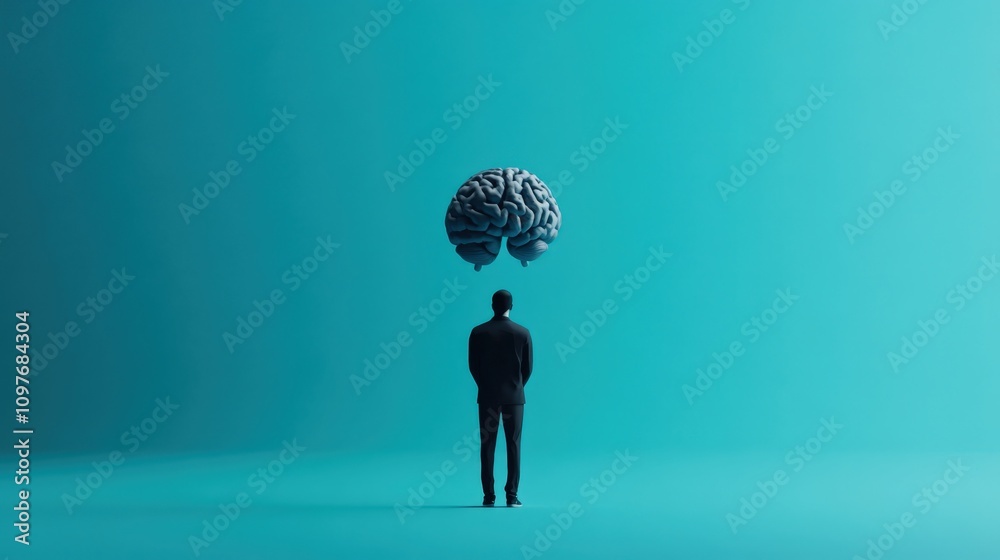 Poster Contemplative Businessman Standing Before Abstract Brain Structure in Minimalist Setting Illustrating Concept of Creativity and Innovation Amidst Modern Challenges