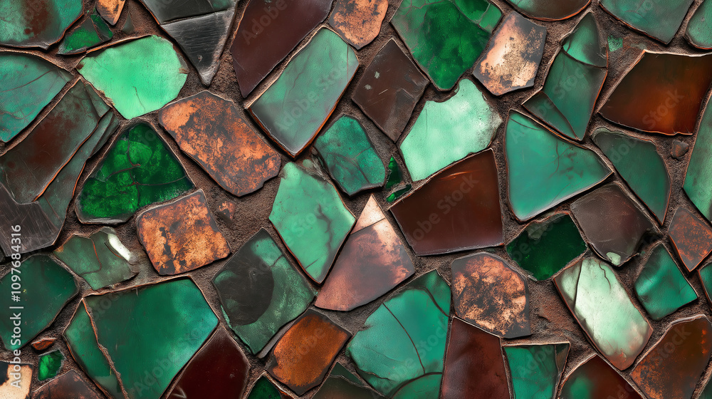 Poster rustic weathered metal with patches of green and orange oxidation.