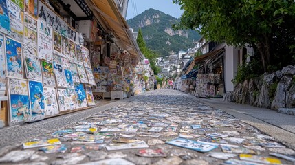 Fototapeta premium Charming Asian Street Market Stone Path Artwork Souvenirs Travel Picturesque Village