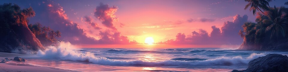 Fototapeta premium sunset on the beach, waves and sea, coconut palms, travel and tourism, paradise on the island