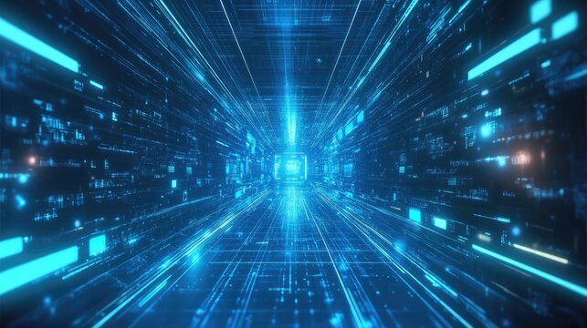 Futuristic digital tunnel with glowing blue lights and data streams, creating a sense of speed and technological advancement.