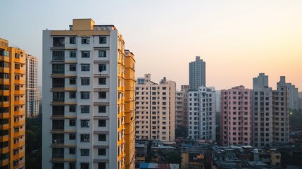 Obraz premium A city showing the difficulty of obtaining affordable housing, with luxury apartments contrasted against overcrowded, dilapidated housing units.