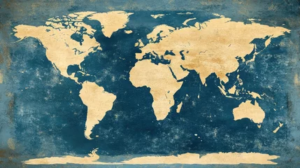 Tableau sur toile Carte du monde Vintage world map illustration with a textured blue and beige background, evoking exploration and adventure.  © Nathan
