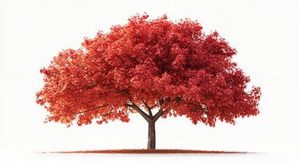 A vibrant red maple tree stands majestically against a white background, showcasing its striking autumn foliage.