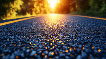 empty road leading towards the horizon with a glowing rising sun symbolizing new beginnings, hope, and a journey of self-discovery in a tranquil setting