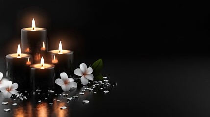 A serene arrangement of black candles and delicate white flowers on a dark reflective surface.