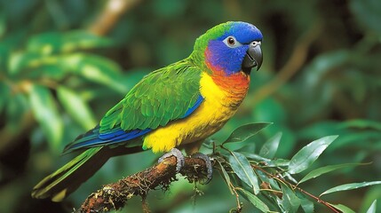 Vibrant Parrot Perched on Lush Rainforest Tree Branch Exotic Bird in Stunning Colorful Plumage Amid Verdant Tropical Foliage