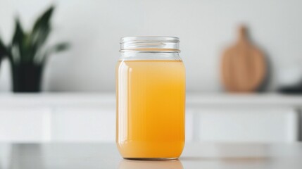 A glass jar filled with a yellow liquid sits on a counter