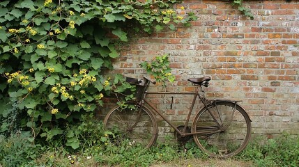 Fototapeta premium Vintage Bicycle Leaning Against Overgrown Brick Wall with Ivy Rustic Weathered Outdoor Scene with Lush Foliage and Decaying Textures