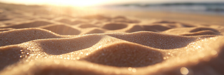 Close-up shot of sunlit sandy dunes with gentle ripples, capturing the serene and warm essence of a beach landscape in perfect morning light and tranquility.