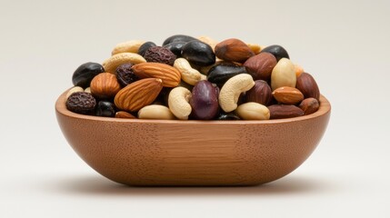 A bowl of mixed nuts is shown on a white background
