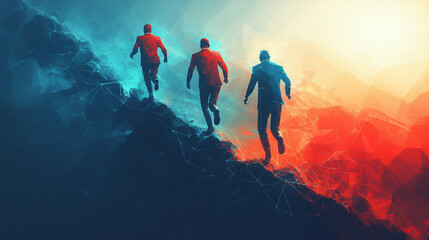 three silhouetted figures running uphill, away from a fiery, red-orange landscape towards a cool, blue-teal one.  The figures are dark and relative