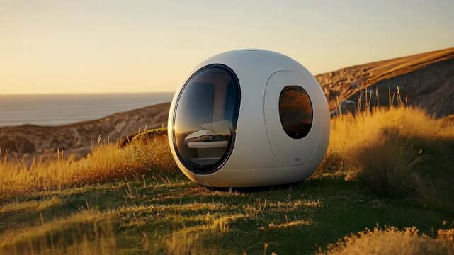 Unique spherical pod in golden grassland at sunset overlooking serene coastline