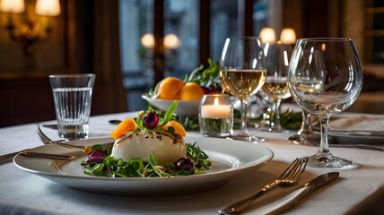 Fototapeta premium Elegant restaurant setting with a gourmet dish served on a table during dinner time