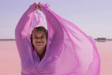 Woman Pink Fabric Pink Lake Smiling