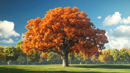 Naklejka premium A vibrant autumn tree with brilliant orange foliage stands majestically against a clear blue sky.
