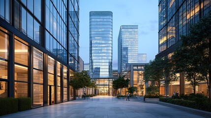 A bustling modern urban cityscape with towering glass skyscrapers and clean streets.