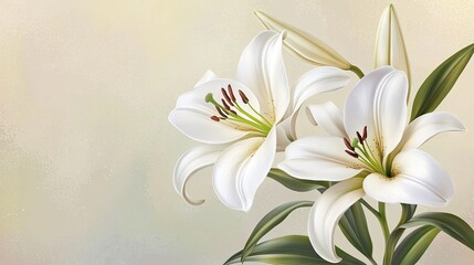 Delicate white lilies bloom gracefully against a soft, muted background.