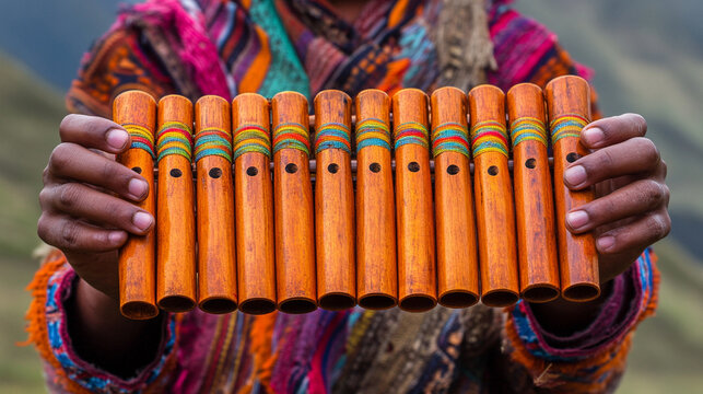 male hands holding a traditional quena flute, emphasizing cultural heritage and the deep connection between music and nature, symbolizing tradition, craftsmanship, and spiritual expression