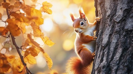 Fototapeta premium A playful red squirrel climbing a tree amidst vibrant autumn leaves.