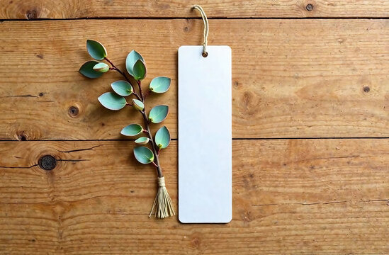 Blank bookmark mockup with brown rope, on wooden background, top view