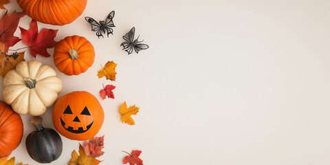 An inviting collection of pumpkins and fall leaves arranged with Halloween bats, capturing the festive essence of autumn and the Halloween spirit.