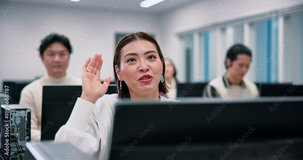 Poster japanese woman, question and computer science for learning, education and lesson in lab for degree. 