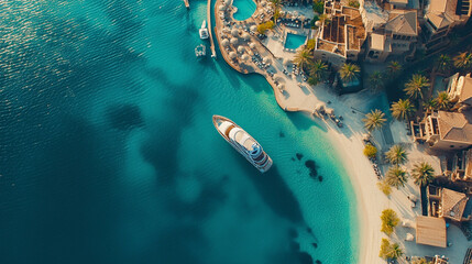 stunning aerial view of Dubai's iconic Palm Jumeirah island, showcasing its unique palm tree shape, luxury residences, turquoise waters, and intricate network of waterways, symbolizing innovation and 