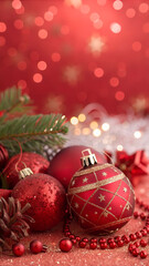 Naklejka premium Abstract red christmas background with red christmas baubles and decorations. bokeh and sparkles