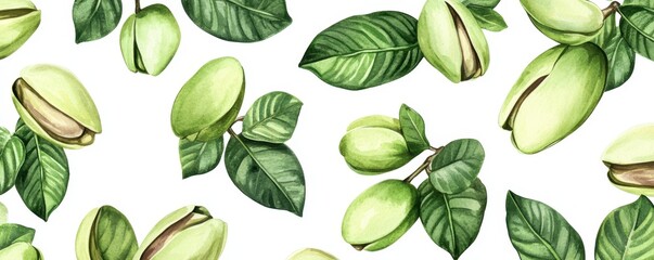 Watercolor illustration of Pistachios nuts isolated on white background,Watercolor hand drawn illustration,Hand drawn nuts,hand drawn set design template for packaging,for menu cafe,copy space.