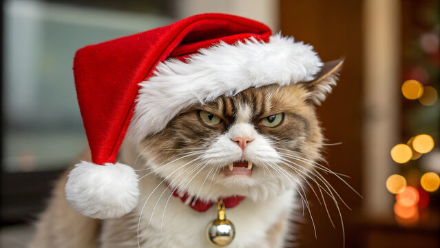 Angry Cat in Santa Claus Red Hat for Christmas and New Year