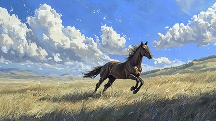 A majestic brown horse galloping freely through a lush grassy meadow under a vibrant cloud dotted sky showcasing the power and grace of nature s equine beauties