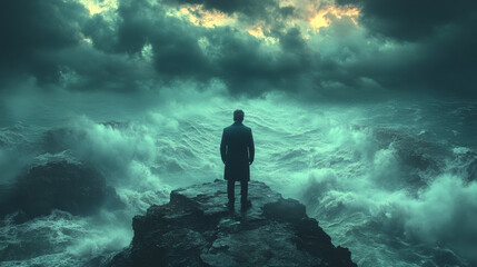 Obraz premium man stands on cliff edge, facing stormy sea under dramatic skies