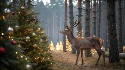 Fototapeta premium Beautiful deer and christmas festival in pine woods spectacular decoration