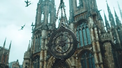 Naklejka premium Gothic Architecture Religious Symbol Snow Chain Medallion Pendant Winter Mystical