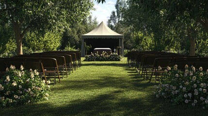 Naklejka premium A serene outdoor wedding setup featuring rows of chairs, a central altar, and lush greenery.