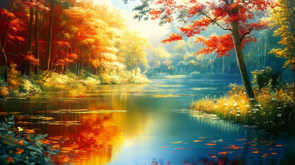 A tranquil lake surrounded by autumn trees reflecting fiery red and orange colors